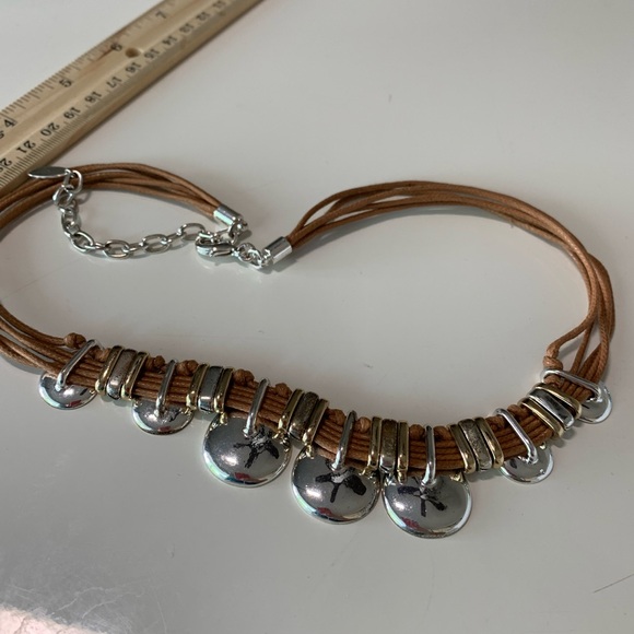 St. Thomas choker style necklace. Silver tone. Silvertone medallions brown chord - Picture 2 of 6